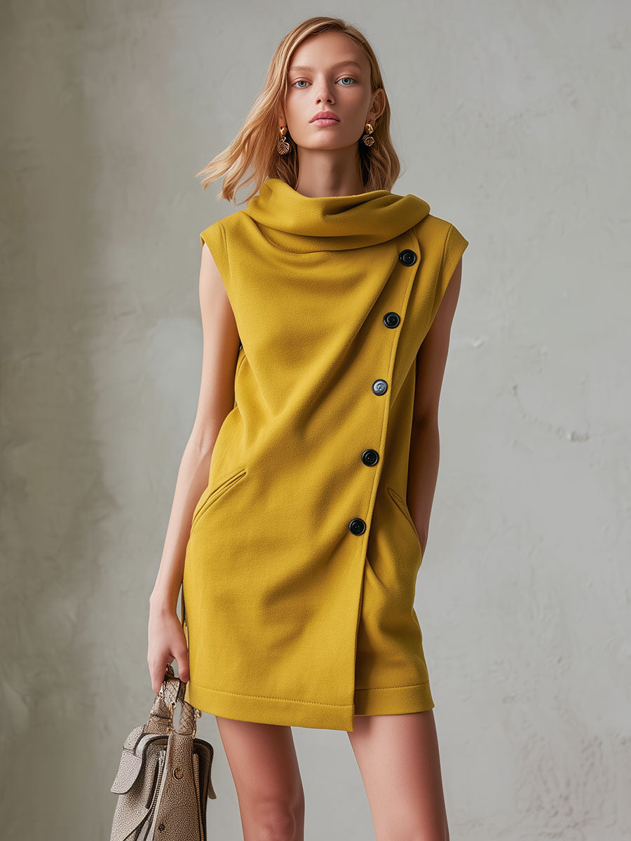 Stylish And Casual Yellow Turtleneck Button-down Cotton Mini Dress
