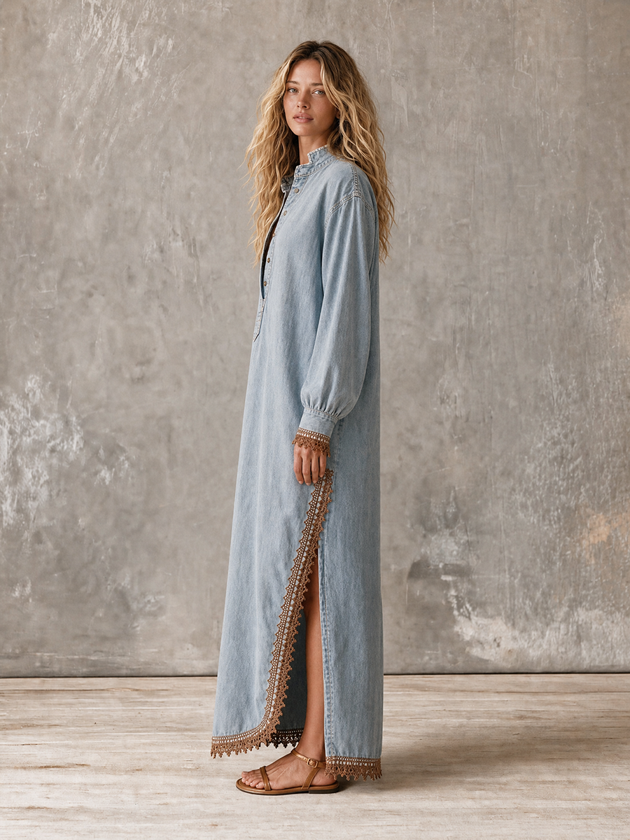 Bohemian Crochet-lace Stand-collar Half-placket Loose Long Denim Dress