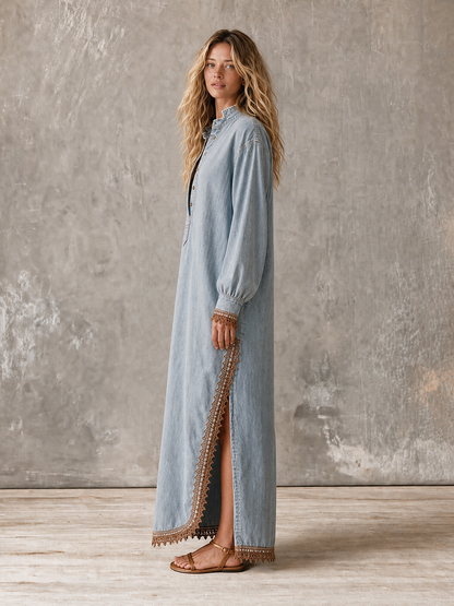 Bohemian Crochet-lace Stand-collar Half-placket Loose Long Denim Dress