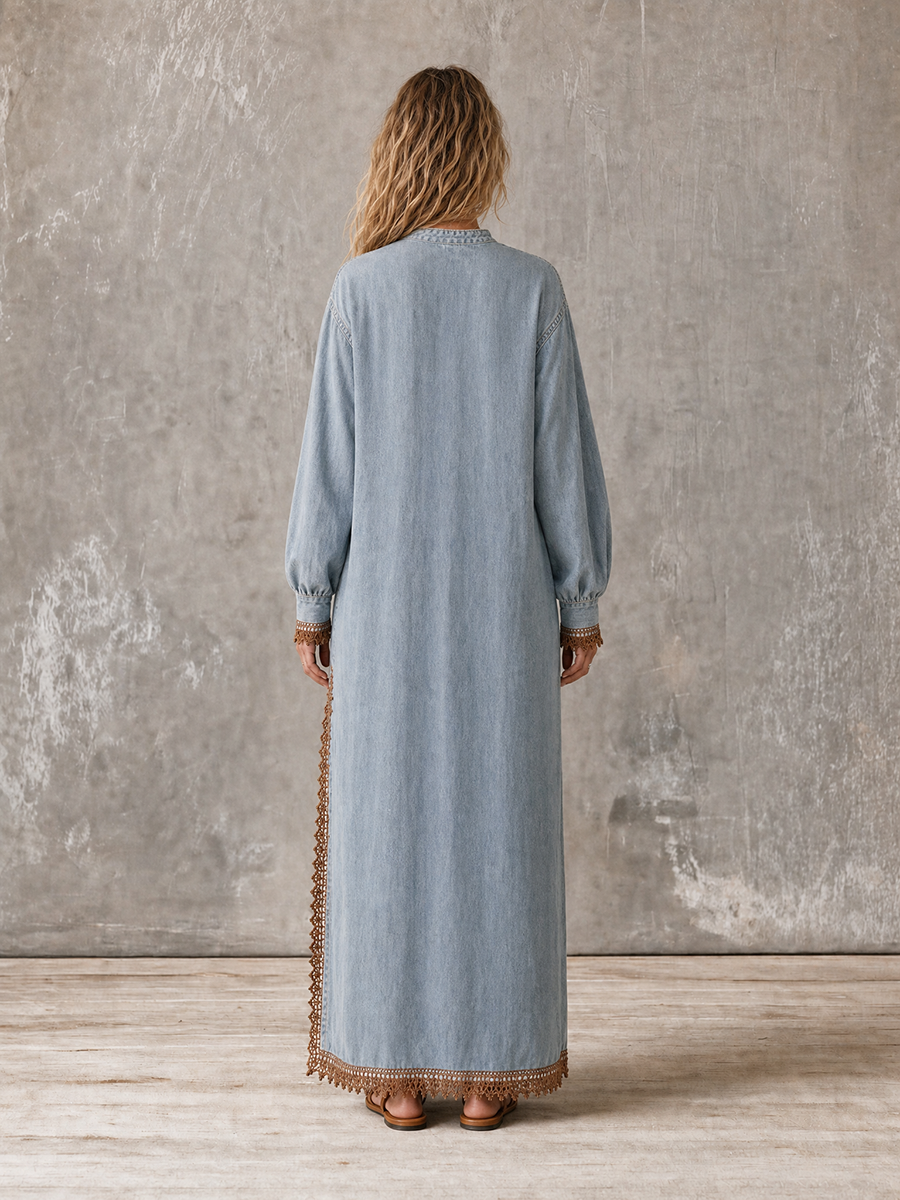 Bohemian Crochet-lace Stand-collar Half-placket Loose Long Denim Dress