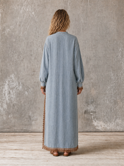Bohemian Crochet-lace Stand-collar Half-placket Loose Long Denim Dress