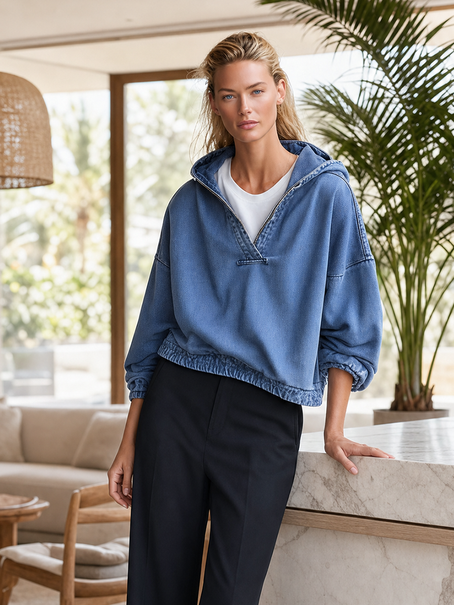 American Hooded Half-zip Loose-fit Cropped Denim Sweatshirt