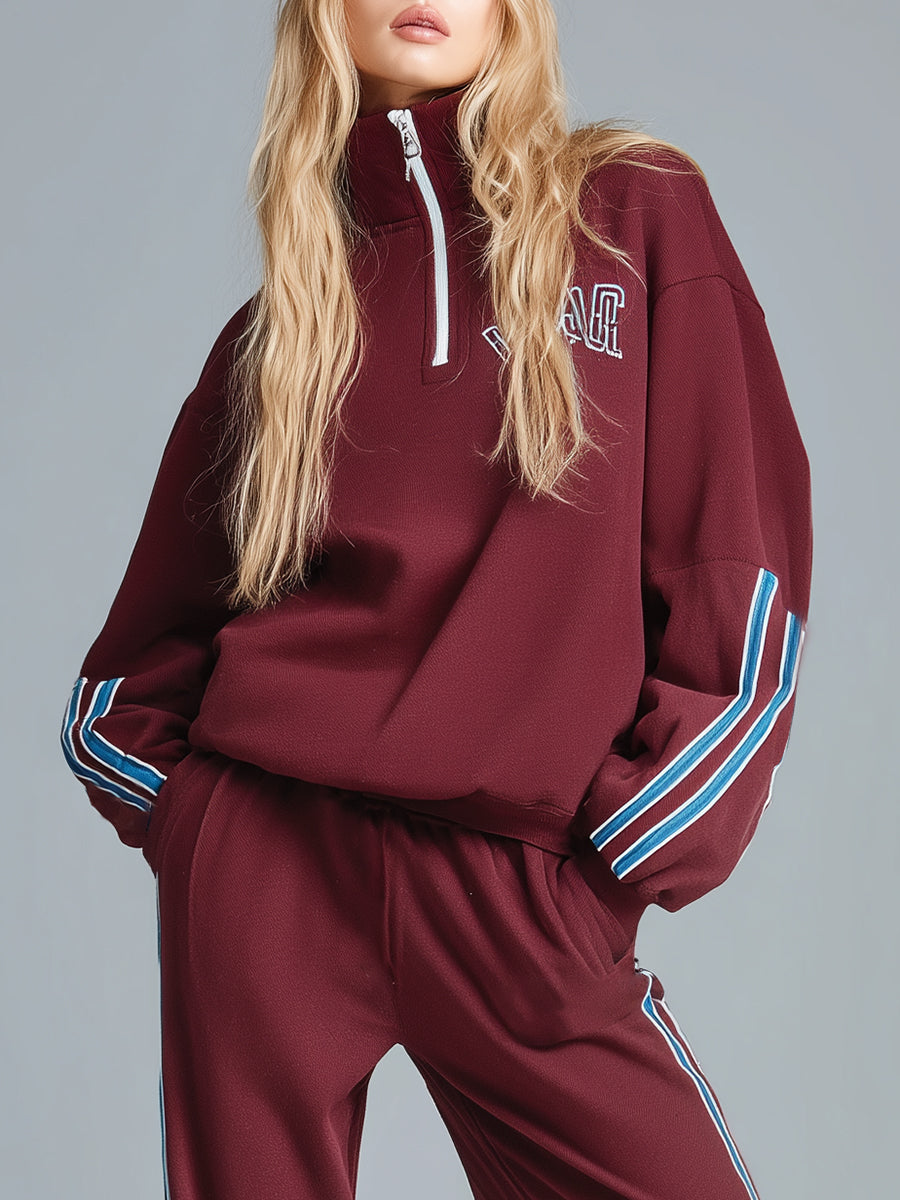 Retro Sporty Stand-up Collar Zip-up Burgundy Sweatshirt And Pants Set
