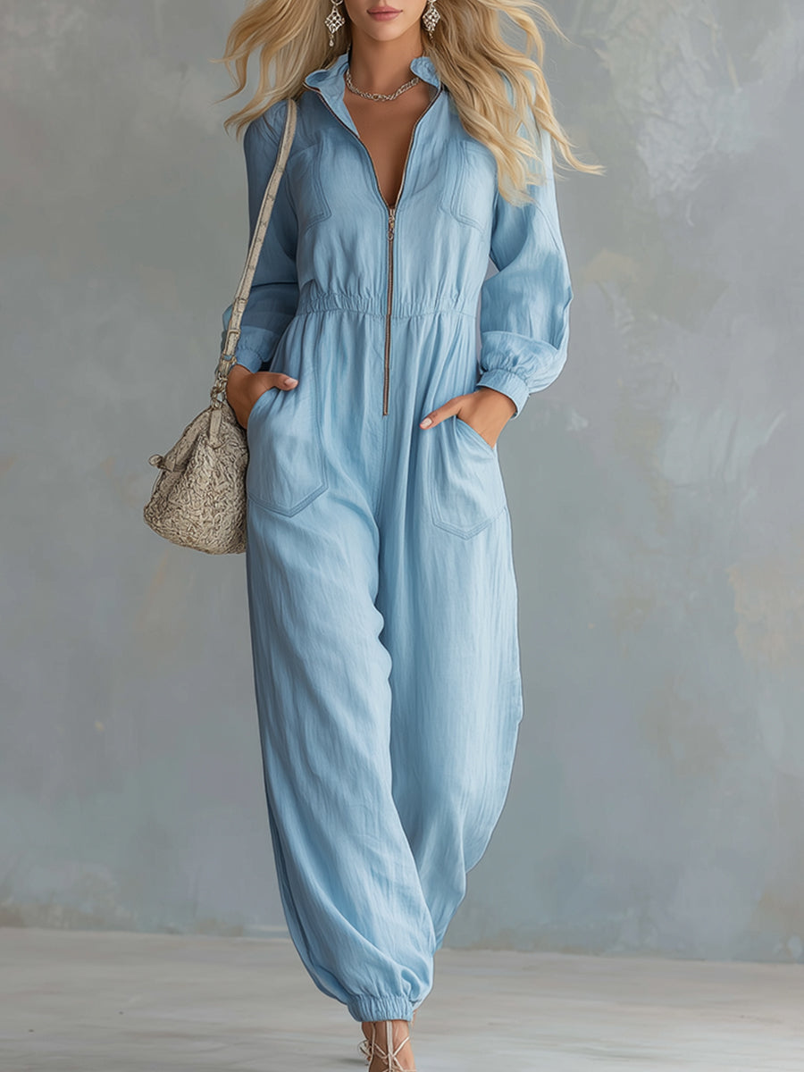 Elegant Urban Style Front-zip Light Blue Cotton And Linen Long-sleeved Jumpsuit