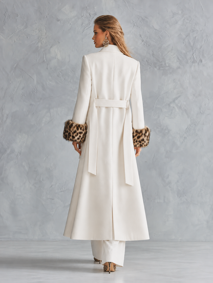 Premium Leopard-print Faux-fur Cuffs White Stand Collar Single-breasted Coat