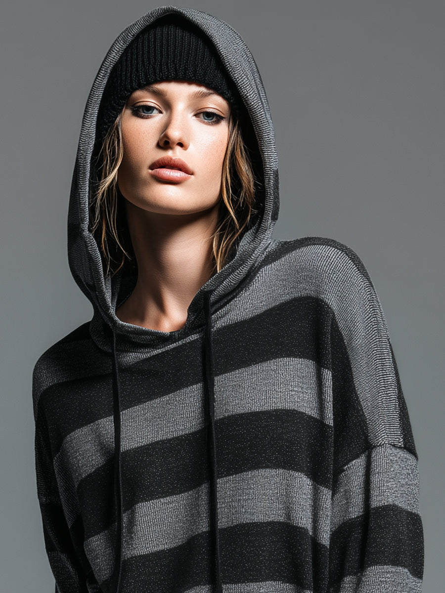 Casual Retro Black And Gray Hooded Knit Sweater