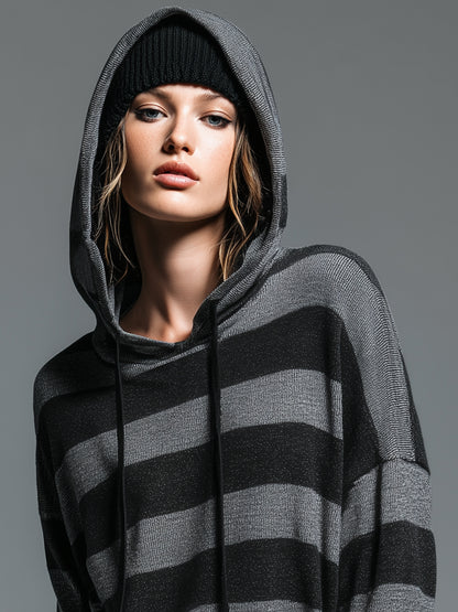 Casual Retro Black And Gray Hooded Knit Sweater