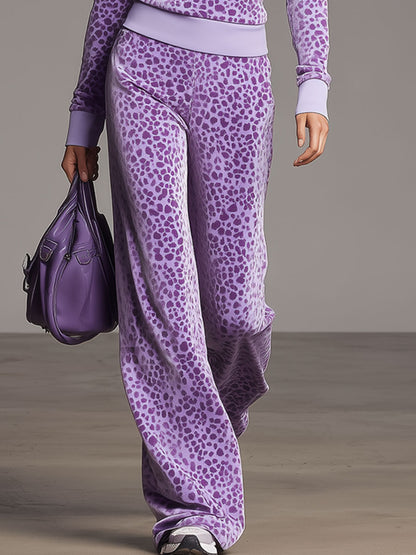 Sporty Retro Purple Leopard Print Velvet Half-Zip Sweatshirt And Wide-Leg Pants Set
