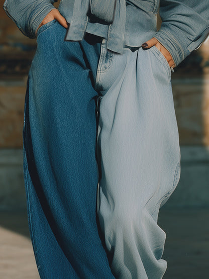 Casual Western Style Light Blue And Blue Color-blocked Loose Jeans