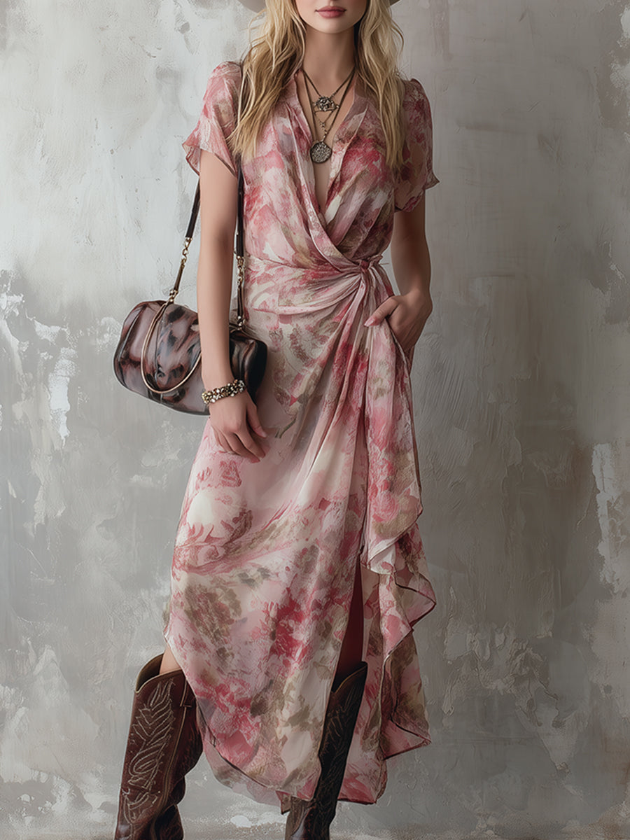 Vintage Romantic Pink Floral Print Chiffon Wrap-style Short-sleeved Maxi Dress