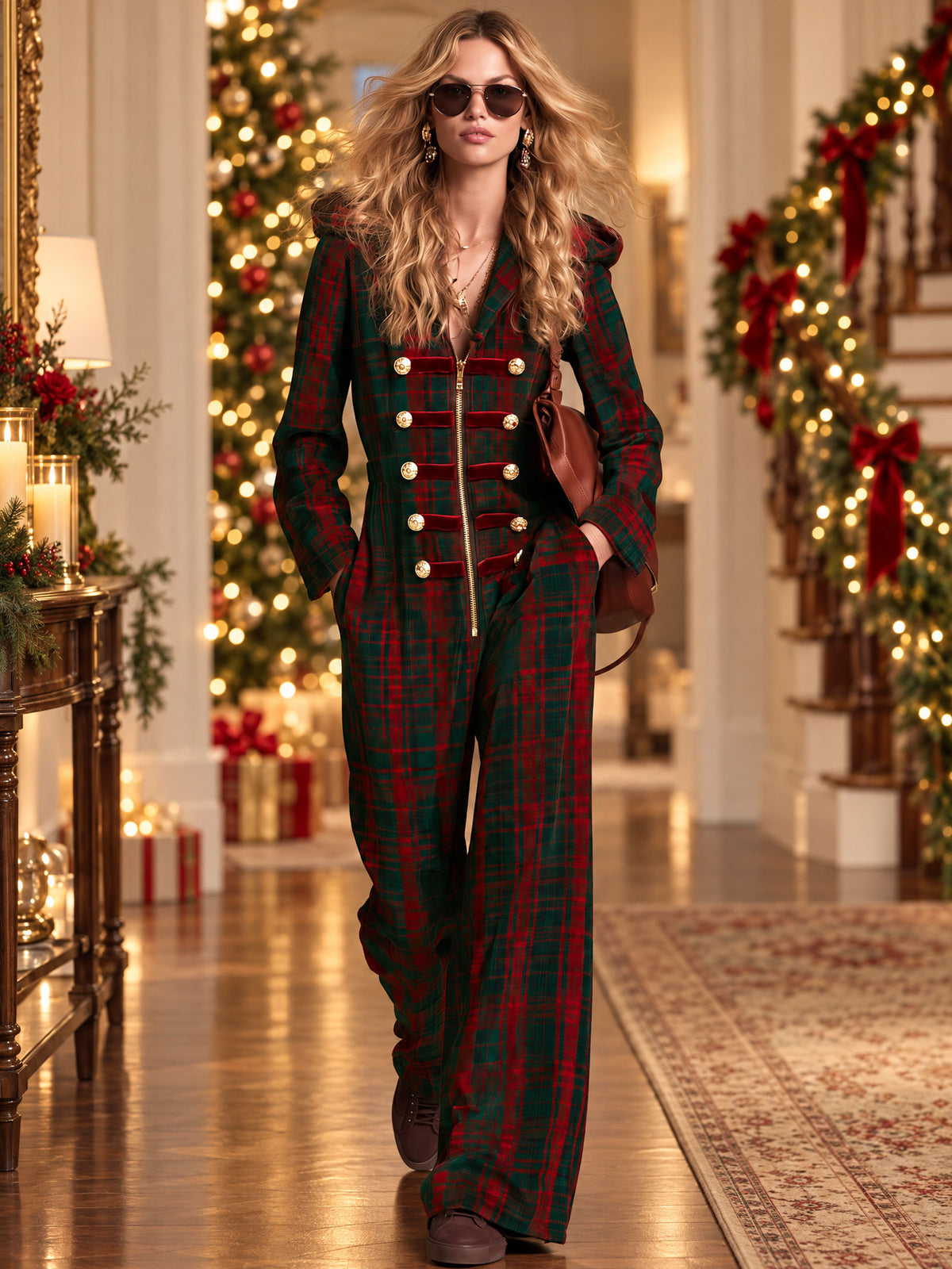 Retro Military-style Gold-buttoned Red And Green Plaid Velvet Hooded Jumpsuit