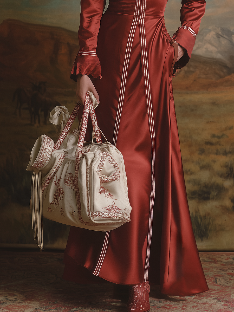 Romantic Western-style V-neck Red Satin Maxi Dress
