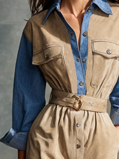 Trendy Retro Beige Faux Suede Patchwork Blue Denim Midi Dress