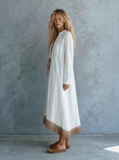 Bohemian Deep-v Lace-up Crochet-lace Drop-waist Long Denim Dress
