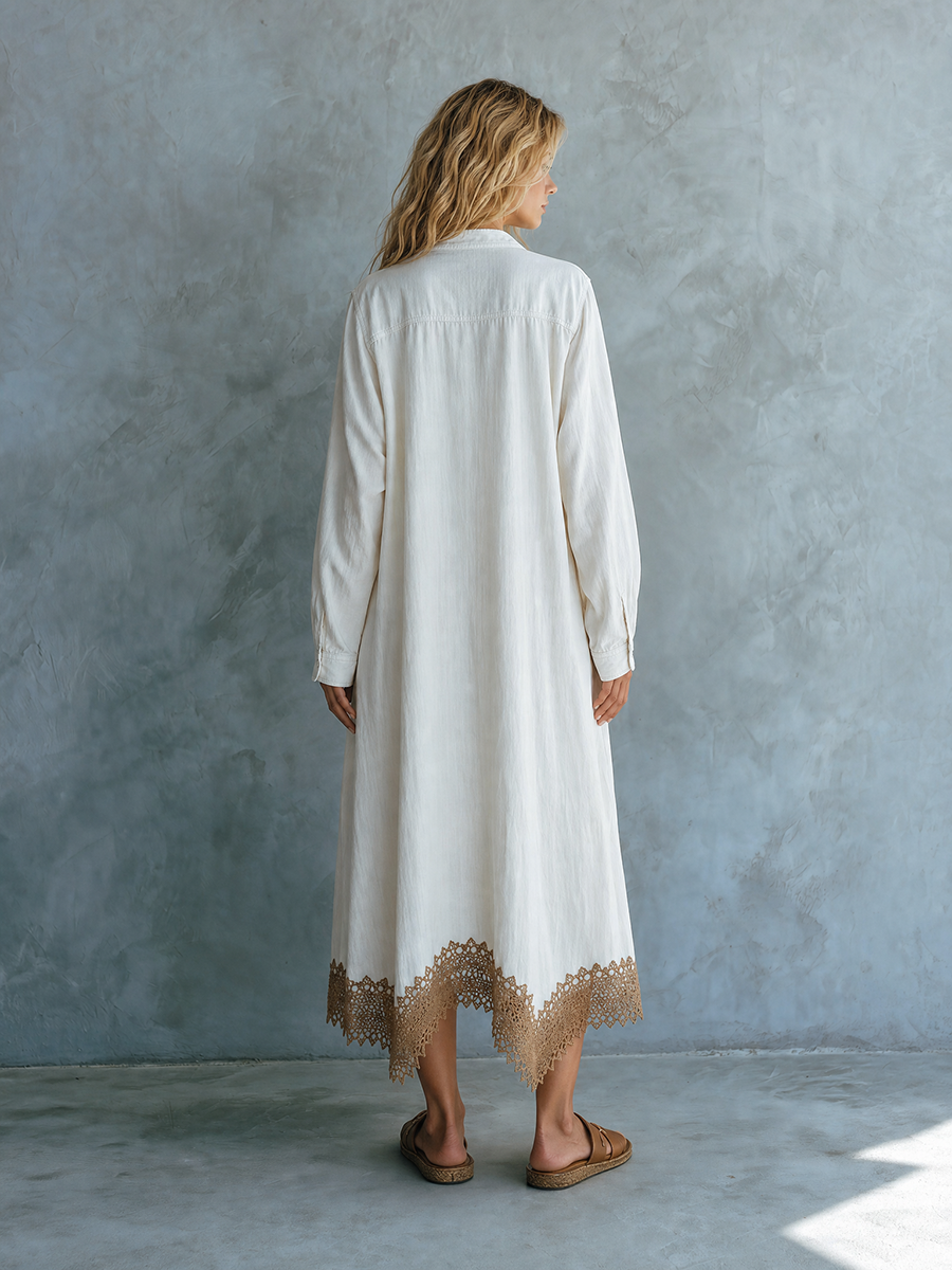 Bohemian Deep-v Lace-up Crochet-lace Drop-waist Long Denim Dress