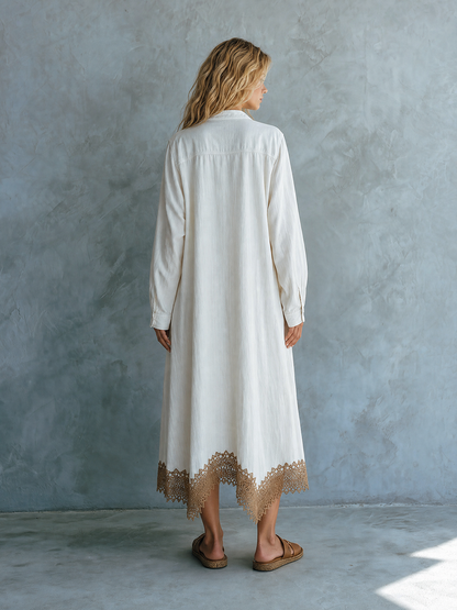 Bohemian Deep-v Lace-up Crochet-lace Drop-waist Long Denim Dress