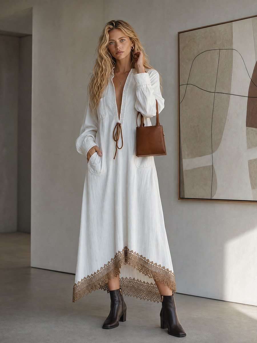 Bohemian Deep-v Lace-up Crochet-lace Drop-waist Long Denim Dress
