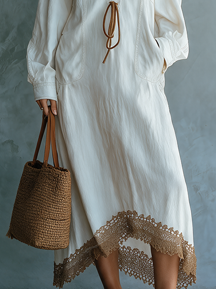 Bohemian Deep-v Lace-up Crochet-lace Drop-waist Long Denim Dress