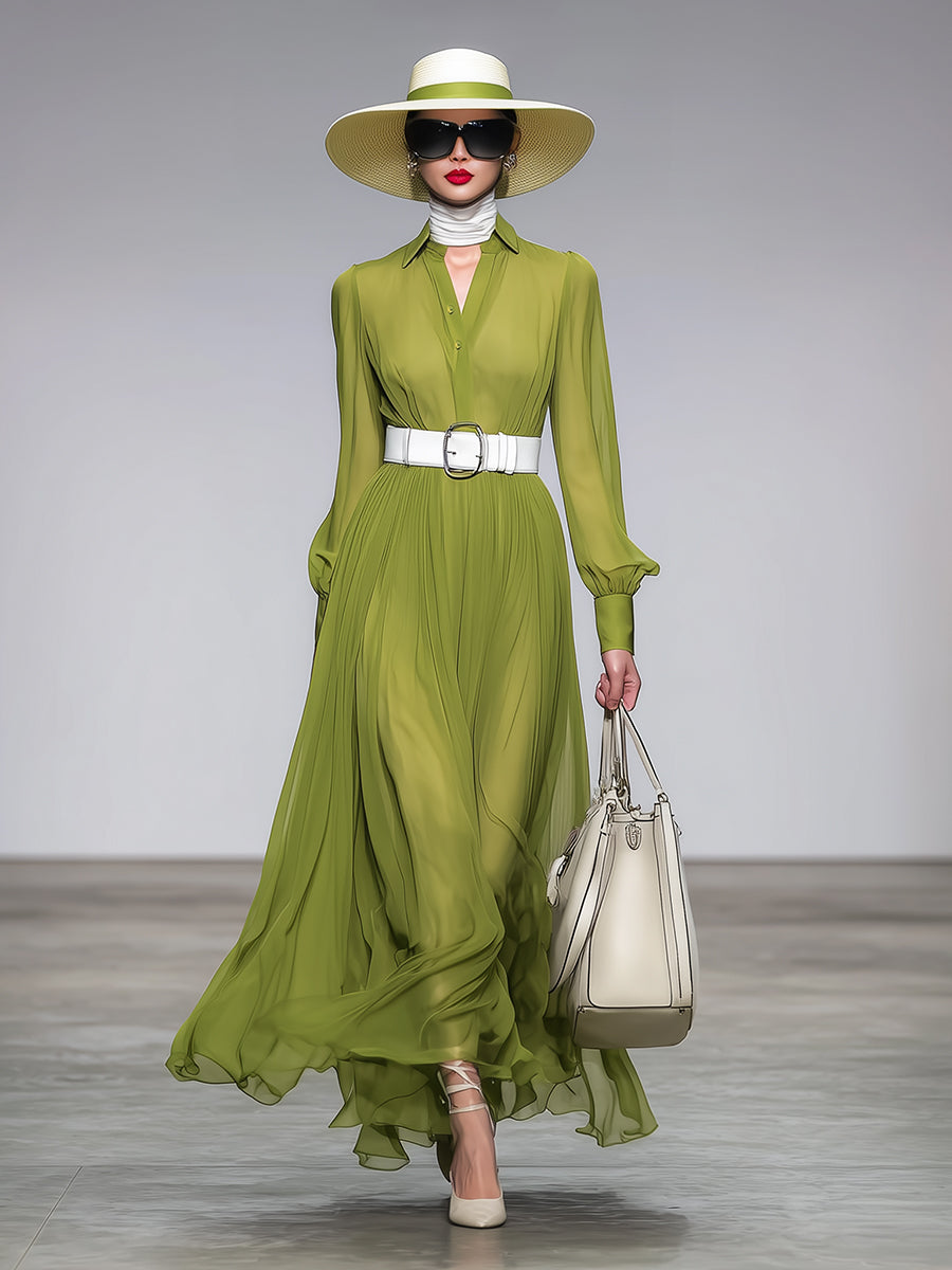 Elegant Green Thick Chiffon Maxi Dress