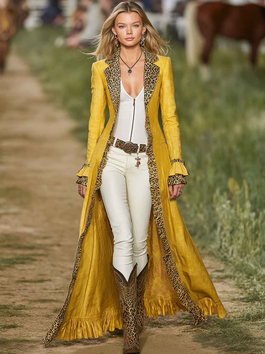 Casual Retro Leopard Print Trim Yellow Cotton And Linen Trench Coat