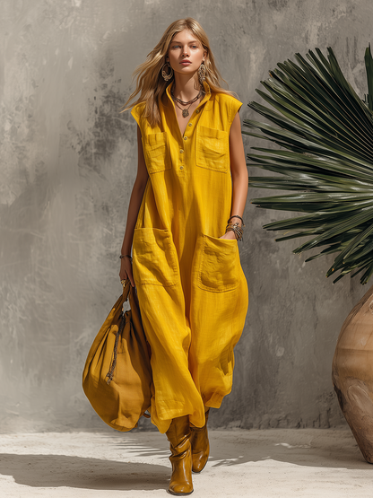 Vintage-style Vacation Collared Multi-pocket Sleeveless Cotton And Linen Maxi Dress