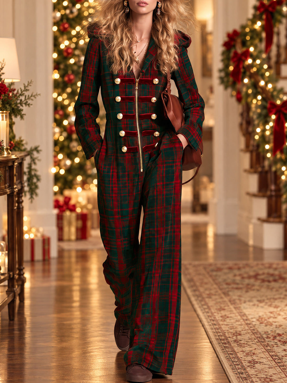 Retro Military-style Gold-buttoned Red And Green Plaid Velvet Hooded Jumpsuit