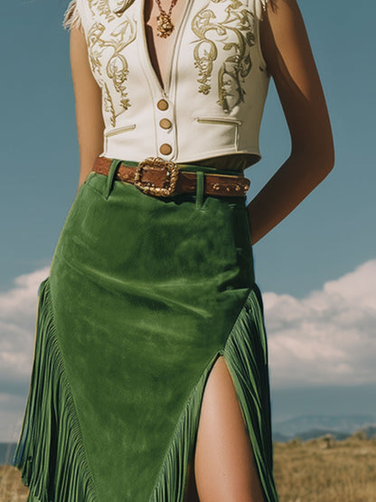 Western Retro Green Fringed Faux Suede Midi Skirt