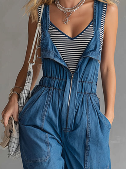 Stylish And Casual Blue Denim Zip-up Overalls