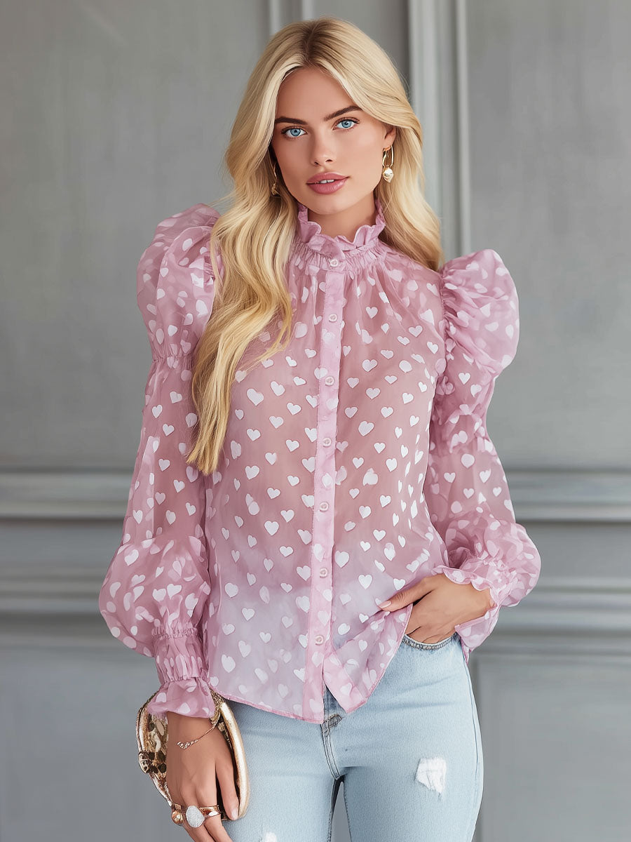 Heart-print Chiffon Puff-sleeved Shirt