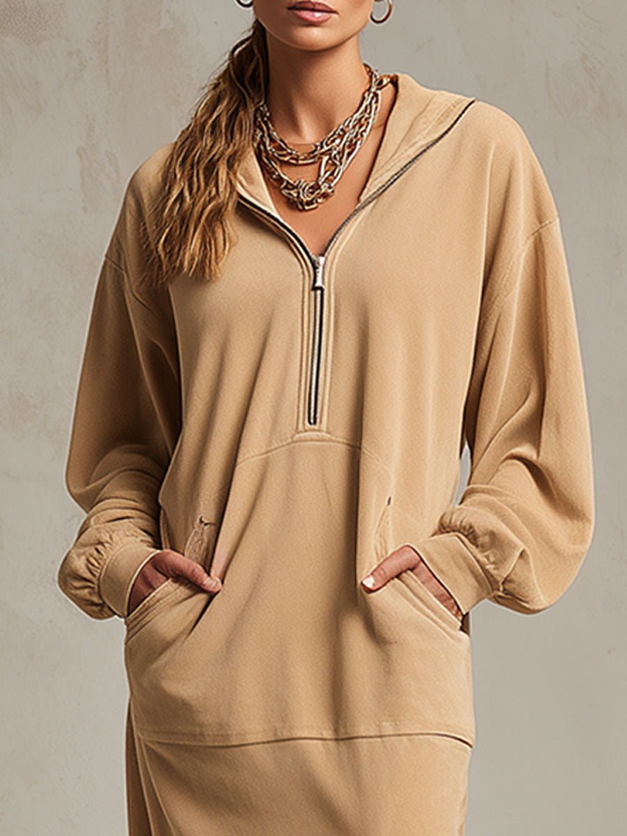 Casual Sporty Retro Camel Hooded Sweatshirt With Slit Midi Dress