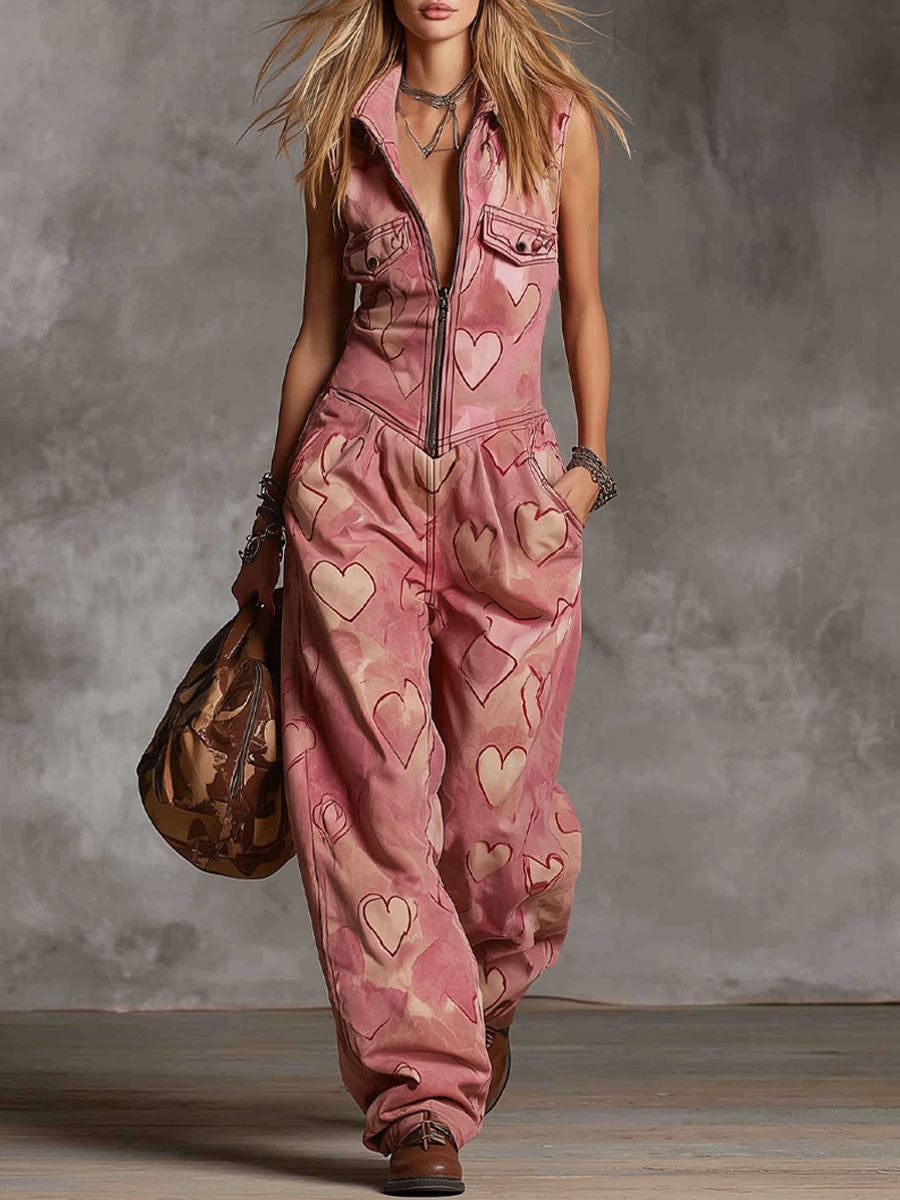 Retro Heart Print Stand-collar Zippered Faux Suede Sleeveless Jumpsuit