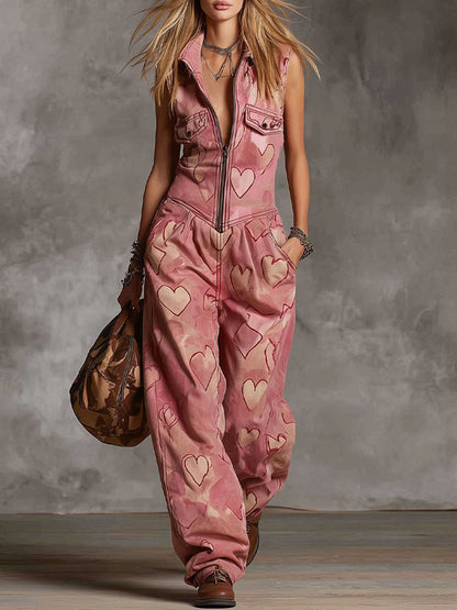 Retro Heart Print Stand-collar Zippered Faux Suede Sleeveless Jumpsuit