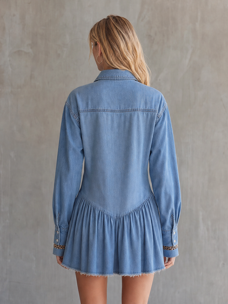 Retro American-style Leopard-print Piped Drop-waist Puff-hem Button-front Denim Dress