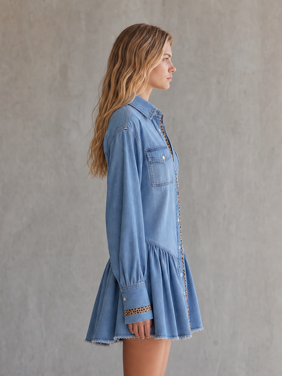 Retro American-style Leopard-print Piped Drop-waist Puff-hem Button-front Denim Dress