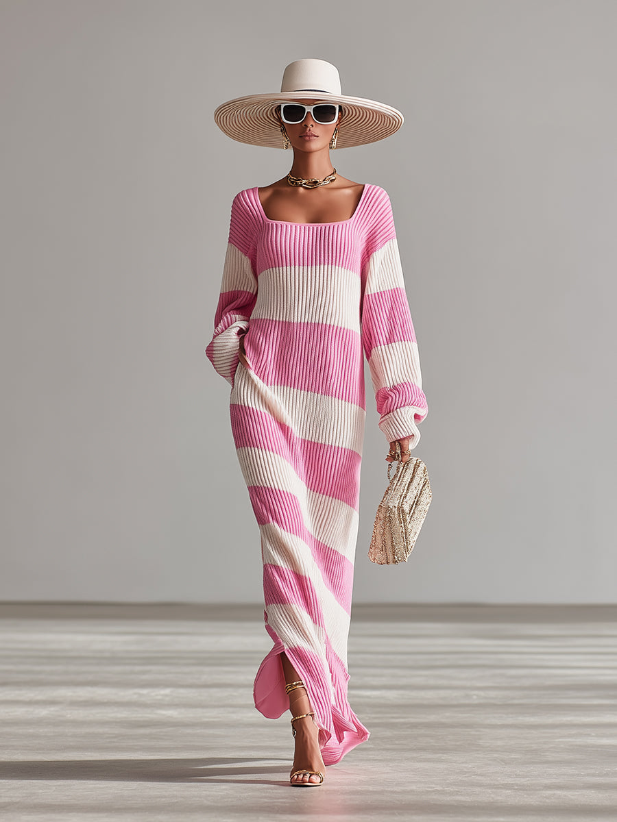 Elegant Pink And White Knit Square Neck Slit Maxi Dress