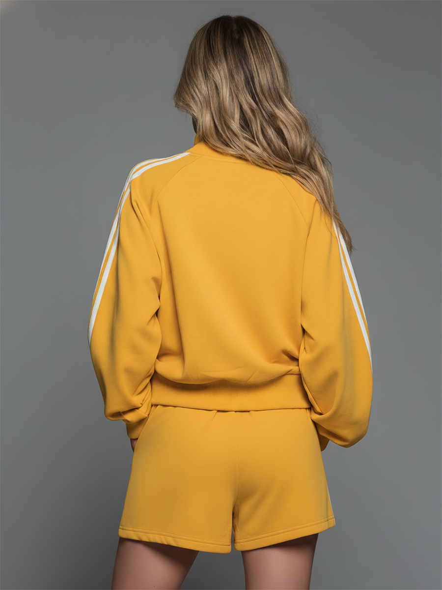 Sporty Casual Collared Zip-up Long-sleeved Top And Shorts Set