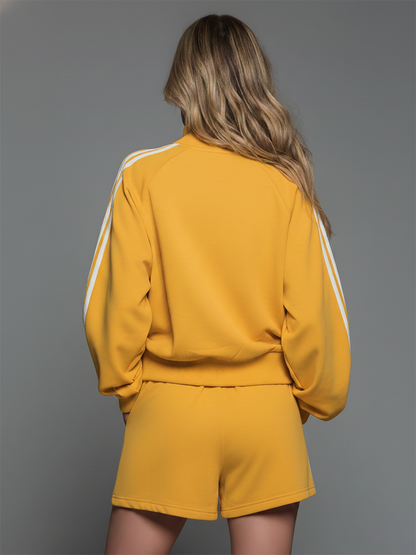 Sporty Casual Collared Zip-up Long-sleeved Top And Shorts Set