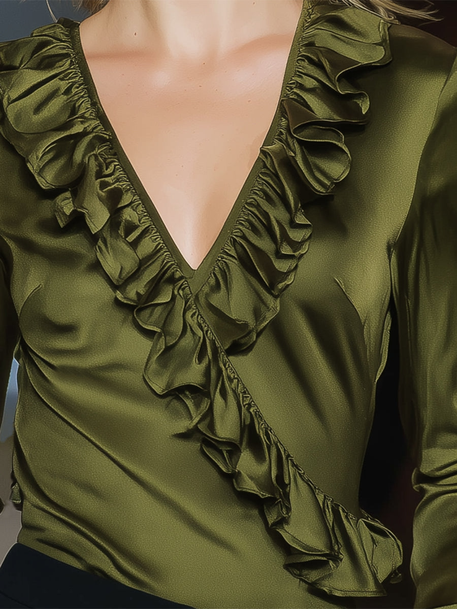 Elegant Olive Green V-neck Ruffled Long-sleeved Top