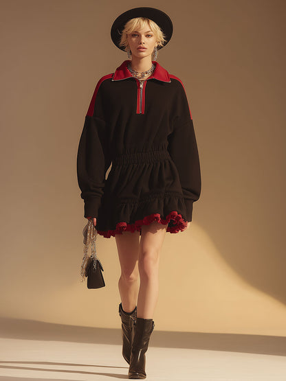 Athletic-style Retro Black Half-zip Cotton Sweatshirt Mini Dress