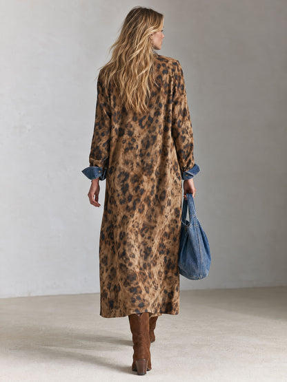 Casual Retro Faux Suede Leopard Print Denim Patchwork Maxi Dress