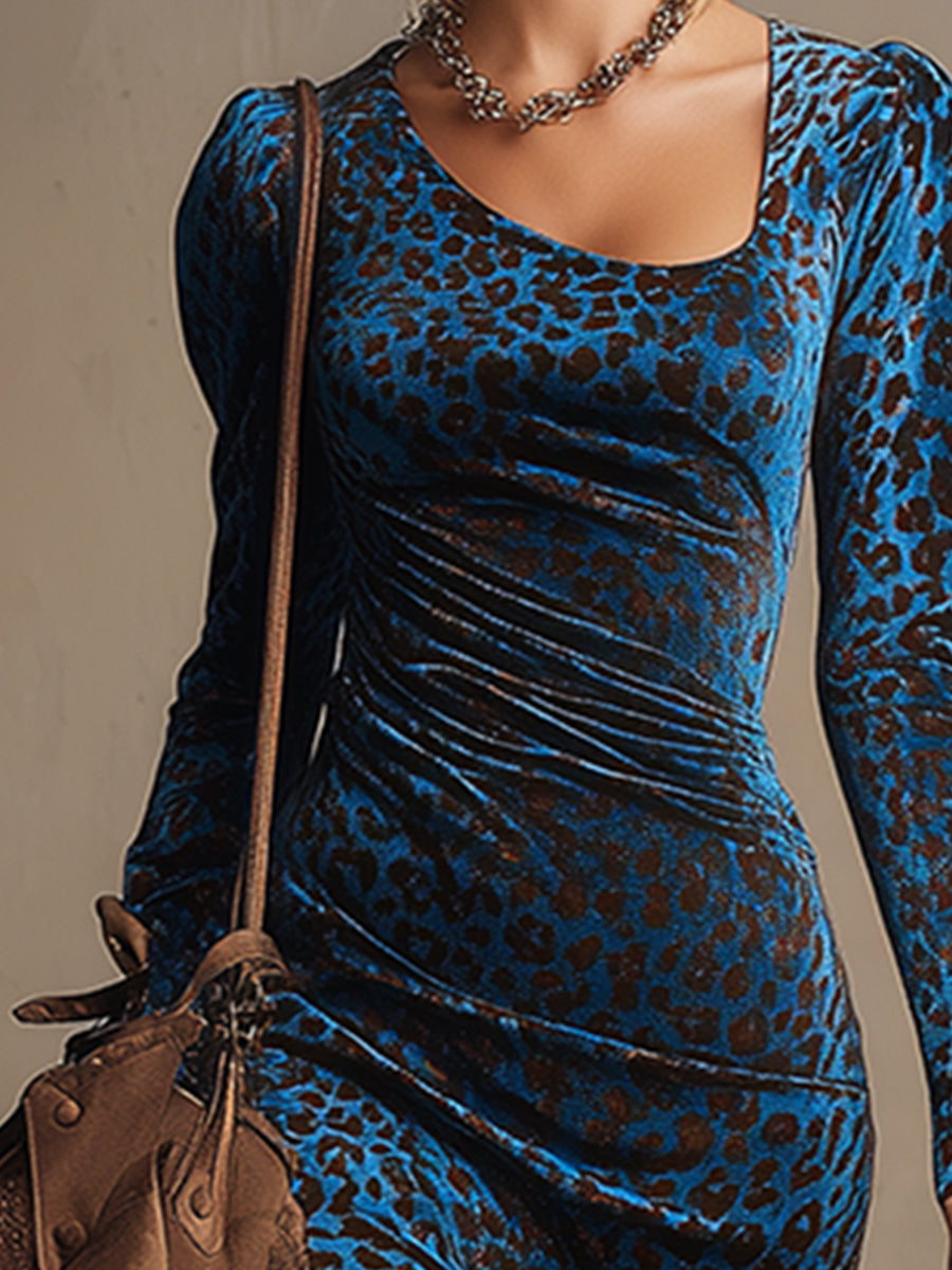 Chic Urban Royal Blue Leopard Print Velvet Midi Dress