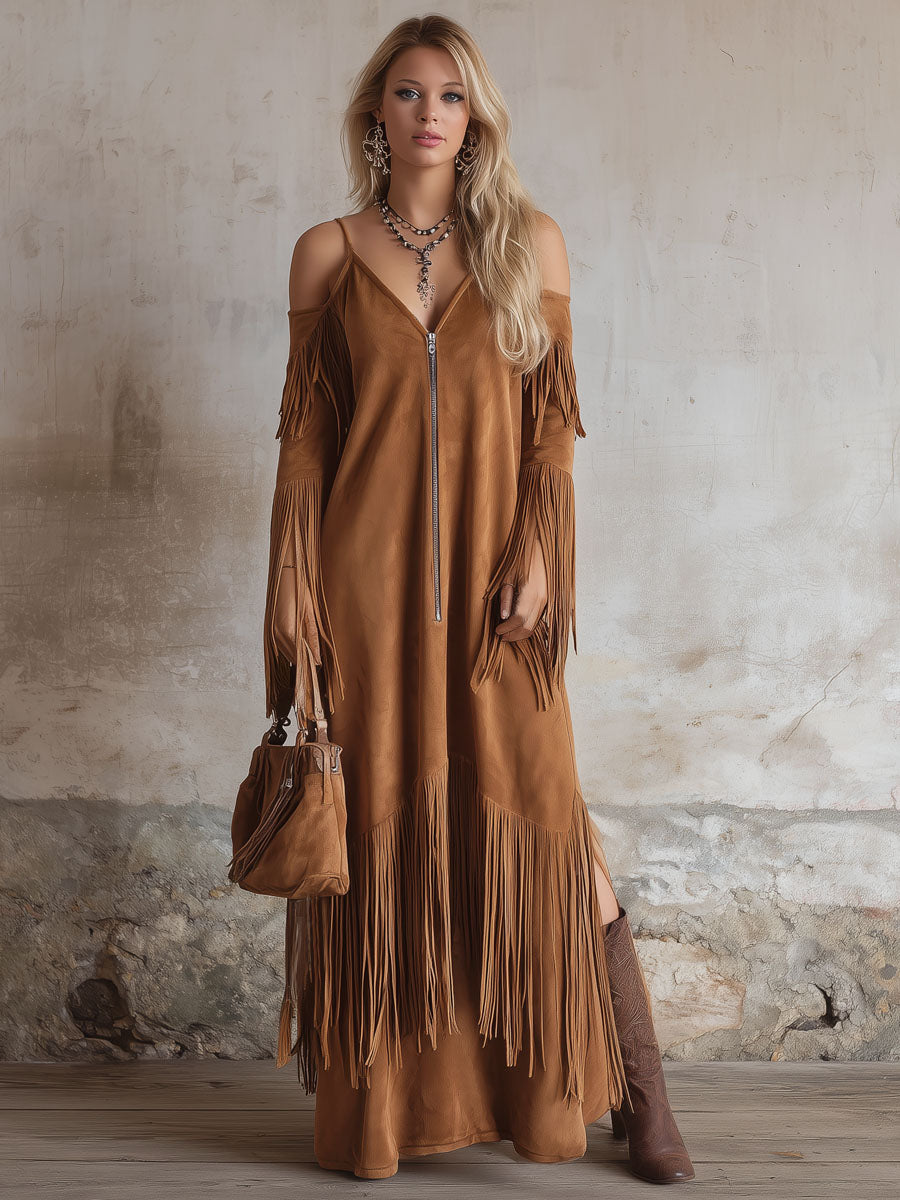Western Style V-neck Zip-up Off-the-shoulder Fringe Long-sleeved Maxi Dress