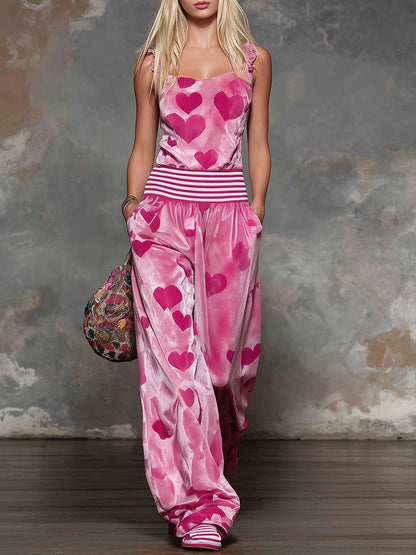 Pink Heart-print Sleeveless Jumpsuit