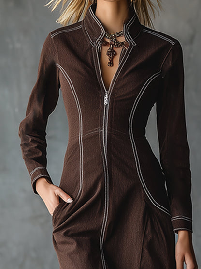 Chic Urban White-stitched Brown Denim Maxi Dress