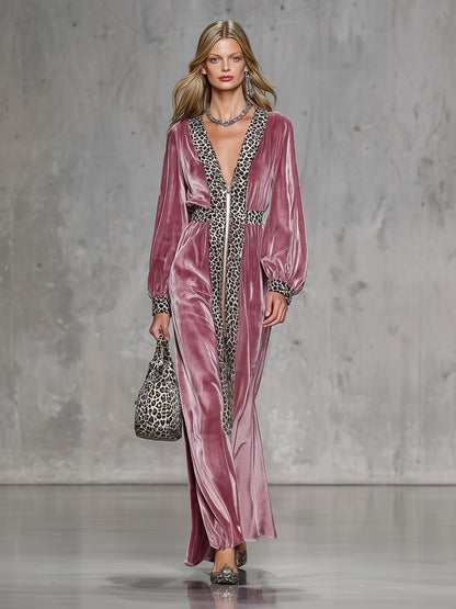 Fashionable Pink Velvet Patchwork Leopard Print Zipper Straight Maxi Dress