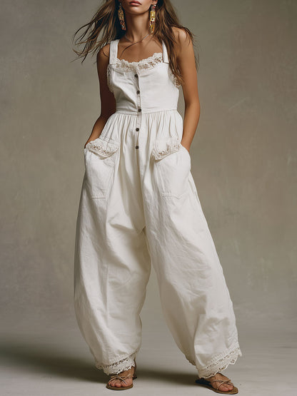 Casual Retro Lace White Cotton Balloon Overalls
