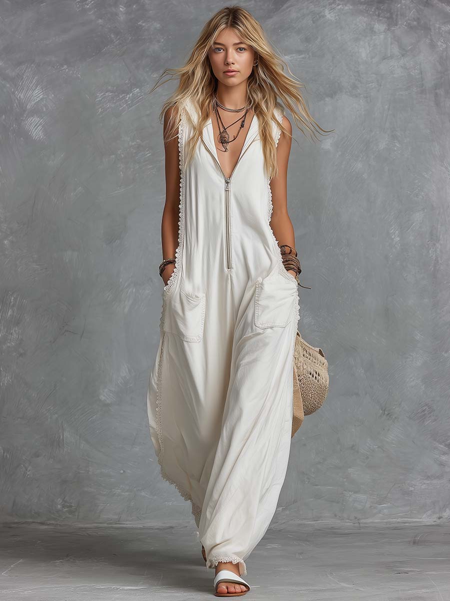 Vintage Casual Western Hooded V-neck Front Zip Lace Trim White Cotton Jumpsuit