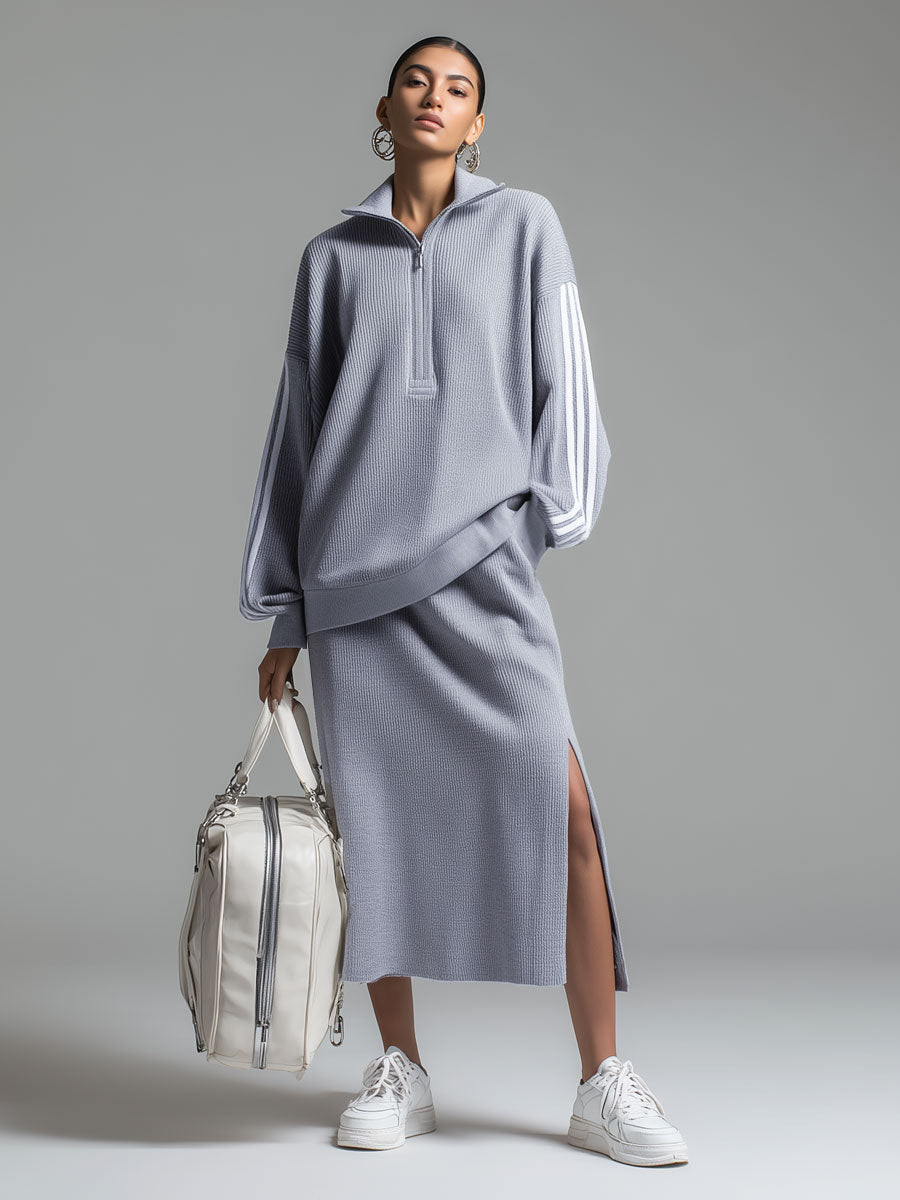 Sporty Retro Webbing Blue-grey Knit Half-zip Sweatshirt And Slit Skirt Set