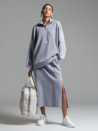 Sporty Retro Webbing Blue-grey Knit Half-zip Sweatshirt And Slit Skirt Set