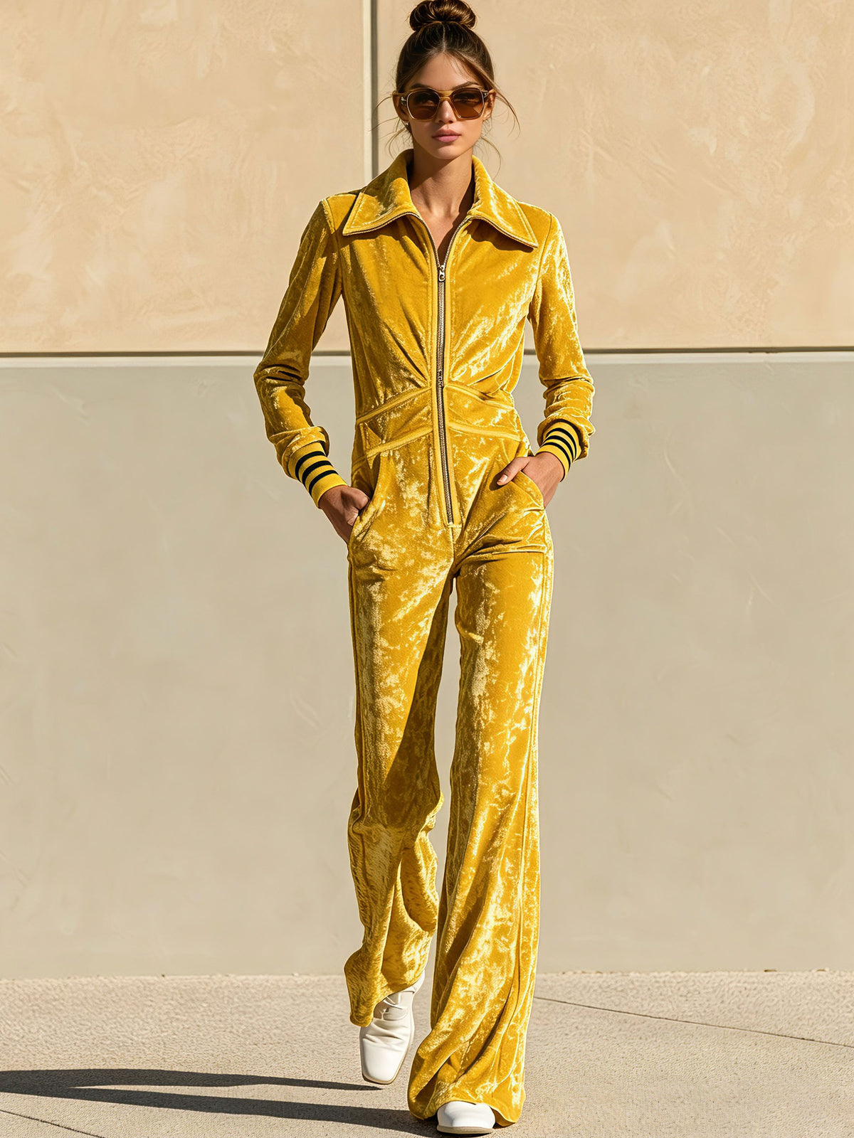 Stylish Retro Yellow Velvet Zipper Long-Sleeved Jumpsuit